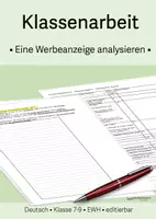 Vorschau - Klassenarbeiten - Klassenarbeit mit EWH (editierbar) "Analyse einer Werbeanzeige", Klasse 7/8, Gymnasium/Gesamtschule - Deckblatt