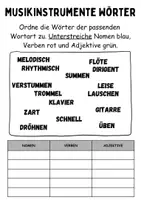 Vorschau - Arbeitsblätter - Wortarten: Musikinstrumente - DaZ/DaF / Deutsch (Nomen • Verben • Adjektive) - Seite 1