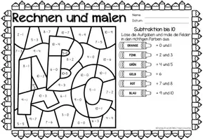 Aperçu - Feuilles d'exercices - Rechen-Mal-Blätter - Subtraktion Zahlenraum 10 (Back to school) | Rentrée scolaire Soustraction Mathématiques Allemand - Page 2