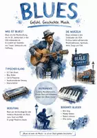 Vorschau - Arbeitsblätter - Lernposter + AB mit Fragen zum Thema "Blues" + Lösungsblatt + Mindmap + Infografik - Deckblatt
