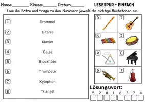 Vorschau - Mal- und Bastelvorlagen - Lesespur / Leserätsel: Musikinstrumente - DaZ/DaF / Deutsch - Seite 1
