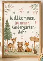 Vorschau - Bildkarten - Gratis Plakat „Willkommen im neuen Kindergartenjahr“ | A4 | Waldtiere | Kita | Krippe | Eingewöhnung | Deko - Deckblatt