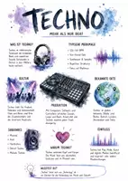 Vorschau - Arbeitsblätter - Lernplakat + Arbeitsblätter zum Thema "Techno" + Lösung & MP3 + Mindmap + Infografik - Deckblatt