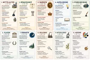 Vorschau - Poster - Literaturepochen Übersicht Spickzettel: Mittelalter bis Moderne - Deckblatt