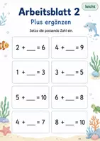Vorschau - Arbeitsblätter - Plus mit fehlender Zahl bis 10 | Mathematik Klasse 1 | 5 Arbeitsblätter als PDF - Seite 2