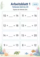 Vorschau - Arbeitsblätter - Plus mit fehlender Zahl bis 20 | Mathematik Klasse 1 | 5 Arbeitsblätter als PDF - Seite 1