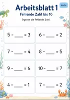 Vorschau - Arbeitsblätter - Minus mit fehlender Zahl bis 10 | Mathematik Klasse 1 | 5 Arbeitsblätter als PDF - Seite 1