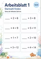 Vorschau - Arbeitsblätter - Fehlende Startzahl bei Plusaufgaben bis 20 | Mathematik Klasse 1 | 5 Arbeitsblätter als PDF - Seite 1