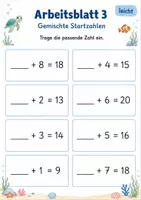 Vorschau - Arbeitsblätter - Fehlende Startzahl bei Plusaufgaben bis 20 | Mathematik Klasse 1 | 5 Arbeitsblätter als PDF - Seite 3