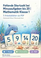 Vorschau - Arbeitsblätter - Fehlende Startzahl bei Minusaufgaben bis 20 | Mathematik Klasse 1 | 5 Arbeitsblätter als PDF - Deckblatt