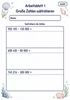 Vorschau - Arbeitsblätter - Subtraktion großer Zahlen | Mathematik Klasse 4 | 6 Arbeitsblätter als PDF - Seite 1