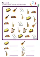 Vorschau - Arbeitsblätter - Musikinstrumente / musical instruments - Zählen / Count - auf Englisch “How many?” - Seite 1