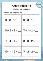 Vorschau - Arbeitsblätter - Minus mit drei Zahlen bis 10 | Mathematik Klasse 1 | 5 Arbeitsblätter als PDF - Seite 1