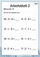 Vorschau - Arbeitsblätter - Minus mit drei Zahlen bis 10 | Mathematik Klasse 1 | 5 Arbeitsblätter als PDF - Seite 2