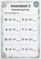 Vorschau - Arbeitsblätter - Minus mit drei Zahlen bis 10 | Mathematik Klasse 1 | 5 Arbeitsblätter als PDF - Seite 3