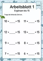 Vorschau - Arbeitsblätter - Ergänzen bis 15 | Mathematik Klasse 1 | 5 Arbeitsblätter als PDF - Seite 1