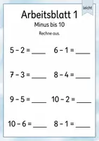 Vorschau - Arbeitsblätter - Minusaufgaben bis 15 | Mathematik Klasse 1 | 5 Arbeitsblätter als PDF - Seite 1