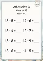 Vorschau - Arbeitsblätter - Minusaufgaben bis 15 | Mathematik Klasse 1 | 5 Arbeitsblätter als PDF - Seite 3