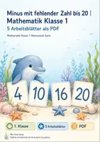 Vorschau - Arbeitsblätter - Minus mit fehlender Zahl bis 20 | Mathematik Klasse 1 | 5 Arbeitsblätter als PDF - Deckblatt