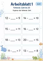 Vorschau - Arbeitsblätter - Minus mit fehlender Zahl bis 20 | Mathematik Klasse 1 | 5 Arbeitsblätter als PDF - Seite 1
