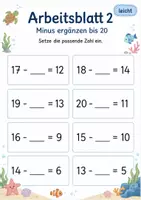 Vorschau - Arbeitsblätter - Minus mit fehlender Zahl bis 20 | Mathematik Klasse 1 | 5 Arbeitsblätter als PDF - Seite 2