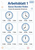 Vorschau - Arbeitsblätter - Passende Uhrzeit finden | Mathematik Klasse 1 | 5 Arbeitsblätter als PDF - Seite 1