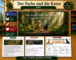 Vorschau - Unterrichtsreihen - Der Fuchs und die Katze - Fabel | 3D-Bilderpräsentation, Lesetext, Leseverständnis und Sozialkompetenz (mit Lösungen) - Deckblatt