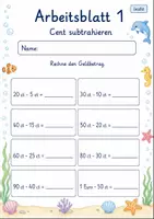 Vorschau - Arbeitsblätter - Geldbeträge subtrahieren | Mathematik Klasse 2 | 7 Arbeitsblätter als PDF - Seite 1