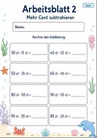 Vorschau - Arbeitsblätter - Geldbeträge subtrahieren | Mathematik Klasse 2 | 7 Arbeitsblätter als PDF - Seite 2