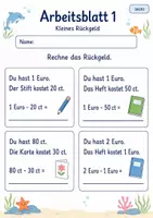 Vorschau - Arbeitsblätter - Rückgeld berechnen | Mathematik Klasse 2 | 7 Arbeitsblätter als PDF - Seite 1