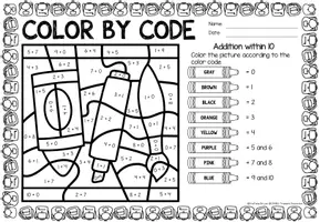 Vorschau - Arbeitsblätter - Color by Code number - Addition within 10 (Back to school) - Seite 1