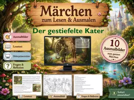 Vorschau - Mal- und Bastelvorlagen - Märchen zum Lesen & Ausmalen – Der gestiefelte Kater (+ Fragen & interaktive Präsentation) - Deckblatt