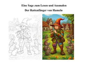 Vorschau - Mal- und Bastelvorlagen - Sage zum Lesen & Ausmalen – Der Rattenfänger von Hameln (+ Fragen + Präsentation ) - Seite 1