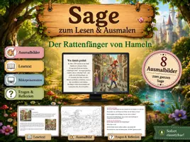 Vorschau - Mal- und Bastelvorlagen - Sage zum Lesen & Ausmalen – Der Rattenfänger von Hameln (+ Fragen + Präsentation ) - Deckblatt