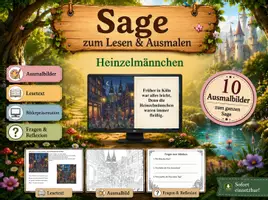 Vorschau - Mal- und Bastelvorlagen - Sage zum Lesen & Ausmalen – Die Heinzelmännchen + Präsentation - Deckblatt