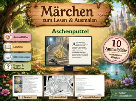 Vorschau - Mal- und Bastelvorlagen - Märchen zum Lesen & Ausmalen – Aschenputtel (klassische Grimm‑Version + Fragen + Präsentation ) - Deckblatt