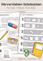 Vorschau - Arbeitsblätter - Schulsachen DaZ Hörverstehen | Vorschule & 1. Klasse | Zuhören, Sprachförderung, Vorkurs Deutsch - Deckblatt