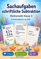 Vorschau - Arbeitsblätter - Sachaufgaben schriftliche Subtraktion | Mathematik Klasse 3 | 6 Arbeitsblätter als PDF - Deckblatt