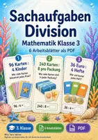 Vorschau - Arbeitsblätter - Sachaufgaben Division | Mathematik Klasse 3 | 6 Arbeitsblätter als PDF - Deckblatt