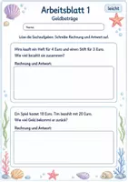 Vorschau - Arbeitsblätter - Sachaufgaben mit Geld und Längen | Mathematik Klasse 3 | 6 Arbeitsblätter als PDF - Seite 1