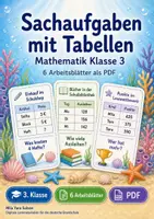 Vorschau - Arbeitsblätter - Sachaufgaben mit Tabellen | Mathematik Klasse 3 | 6 Arbeitsblätter als PDF - Deckblatt
