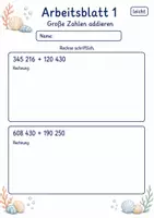 Vorschau - Arbeitsblätter - Schriftliche Addition großer Zahlen | Mathematik Klasse 4 | 6 Arbeitsblätter als PDF - Seite 1