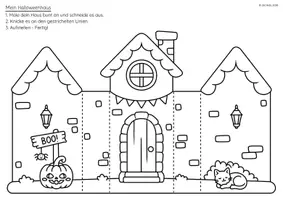 Vorschau - Mal- und Bastelvorlagen - Halloween Bastelvorlage: 3D-Häuser zum Ausmalen und Aufstellen (4 Motive) - Seite 2