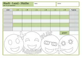 Vorschau - Spiele - Kopfrechnen - Stadt/Land/Mathe (Addition und Subtraktion + Mal- und Blankovorlage) - Seite 1