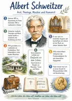 Vorschau - Arbeitsblätter - Lernposter + AB mit Fragen zum Thema "Albert Schweitzer" + Lösungsblatt + Mindmap + Infografiken - Deckblatt