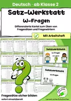 Vorschau - Anderer Materialtyp - Satz-Werkstatt: W-Fragen üben & Fragesätze bilden | Differenzierte Kartei | Deutsch Klasse 2 - Deckblatt
