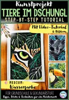 Vorschau - Mal- und Bastelvorlagen - Kunst Sommer – Tiere im Dschungel | Aquarell Kunstprojekt & Ausmalbilder für Grundschule & Sekundarstufe - Deckblatt