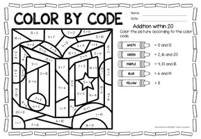 Voorbeeld - Color by Code number - Addition within 20 (Back to school) | Wiskunde Engels - Pagina 1