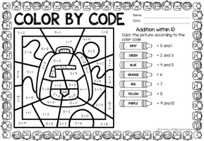 Voorbeeld - Color by Code number - Addition within 10 (Back to school) | Wiskunde Engels - Pagina 2