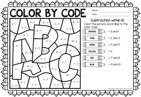Voorbeeld - Color by Code number - Subtraction within 10 (Back to school) | Wiskunde Engels - Pagina 1